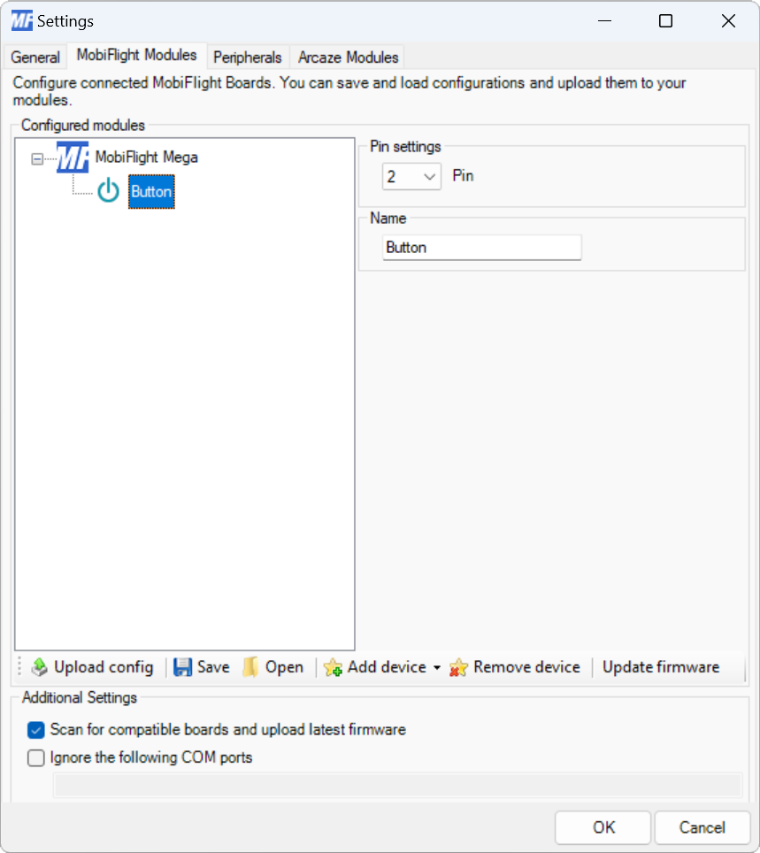 Screenshot of the Modules dialog with the button configuration showing.