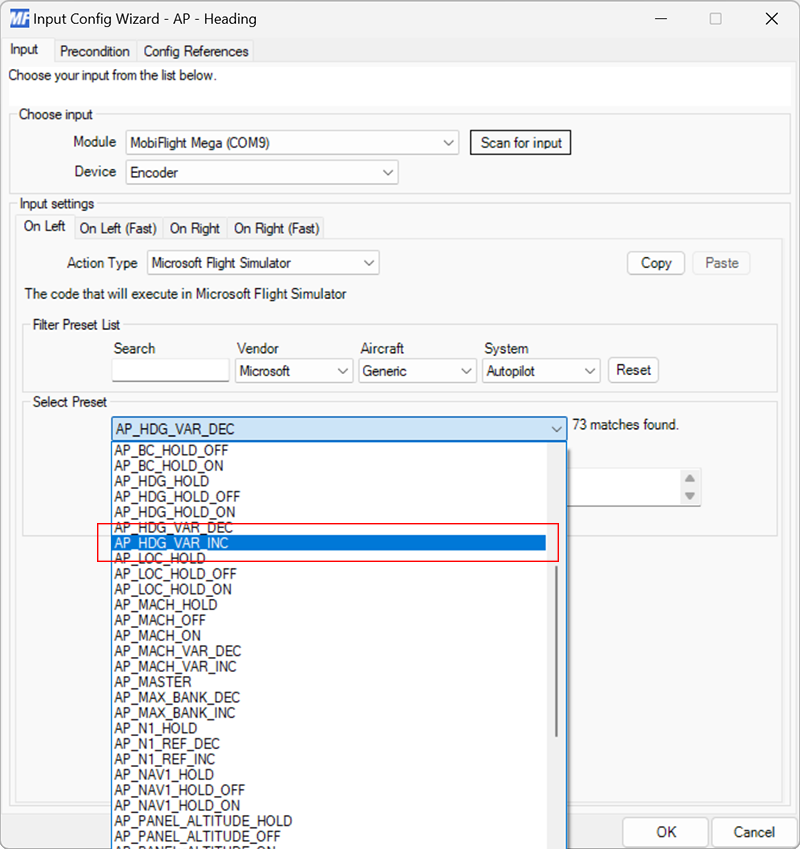 Screenshot of the input tab on release event with the AP_HDG_VAR_INC preset selected.