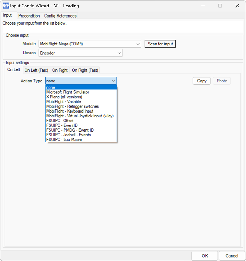 Screenshot of the encoder On Left event tab with the Action Type menu opened.