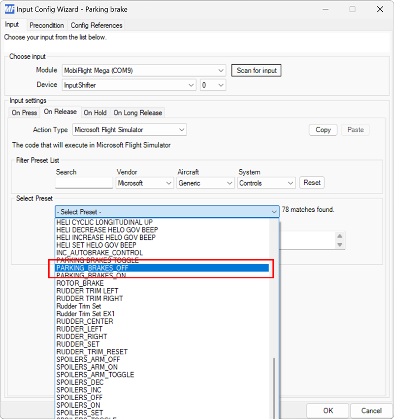 Screenshot of the input tab on release event with the PARKING_BRAKES_OFF preset selected.