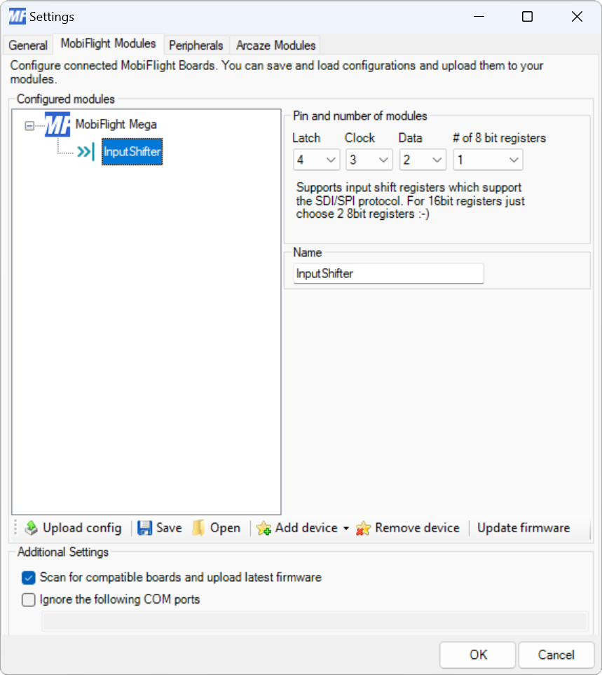 Screenshot of the Modules dialog with the input shift register configuration showing.