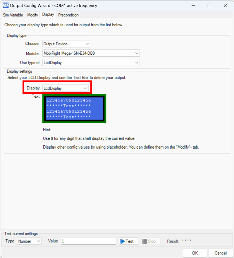 Screenshot of the display tab in the output dialog with LcdDisplay selected in the Display dropdown.