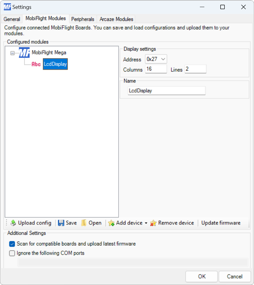 Screenshot of the Modules dialog with the LCD configuration showing.