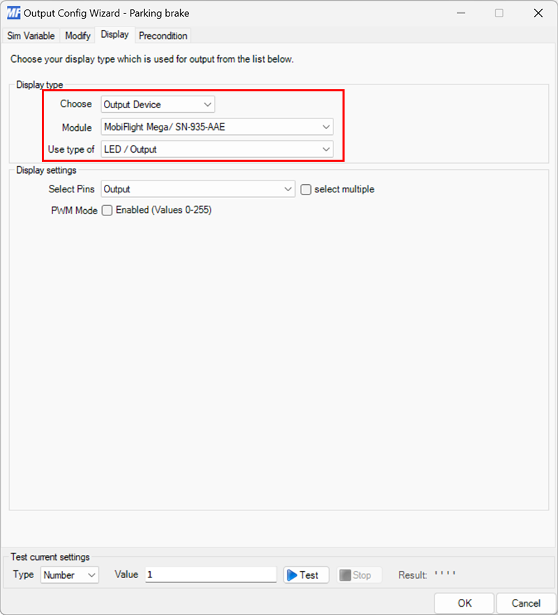 Screenshot of the display tab in the output dialog with a board and LED / Output type selected.
