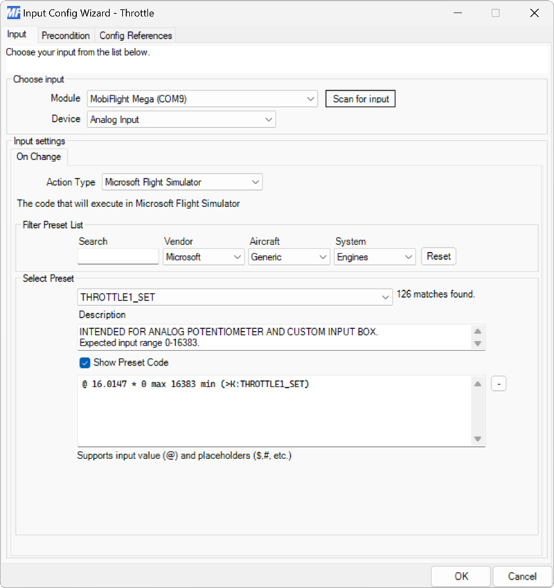 Screenshot of the analog input On Change event tab with the THROTTLE1_SET preset for Microsoft Flight Simulator selected.