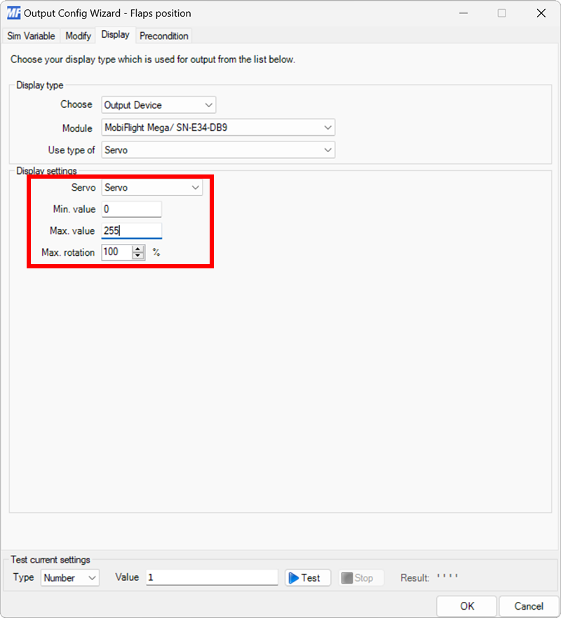 Screenshot of the display tab in the output dialog with the min value set to 0 and the max value set to 255.