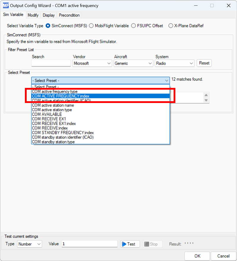 Screenshot of the sim variable tab in the output dialog with the COM ACTIVE FREQUENCY:index preset selected.