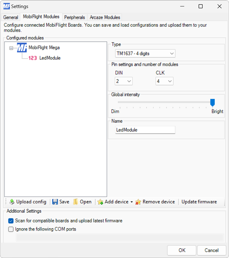 Screenshot of the Modules dialog with the TM1637 7-segment display configuration showing.