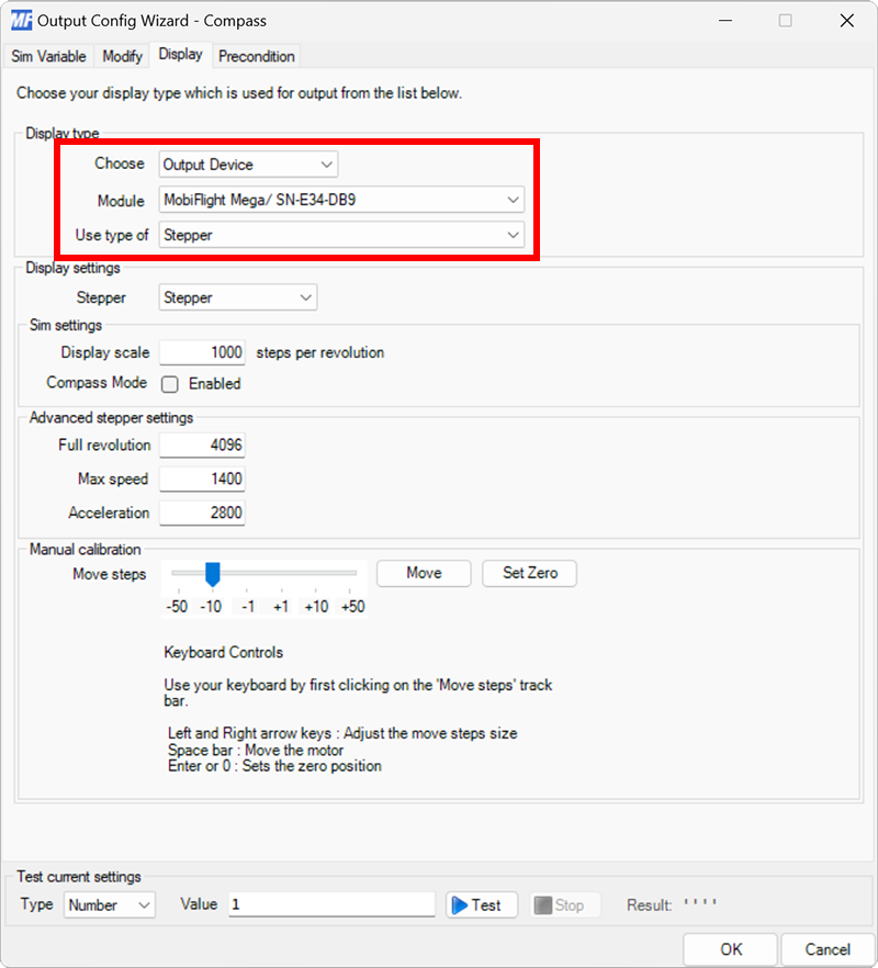 Screenshot of the display tab in the output dialog with a board and Display Module type selected.