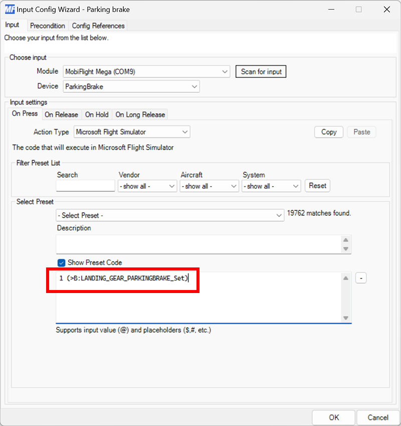 Screenshot of a MobiFlight input configuration with the custom code for setting the parking brake.