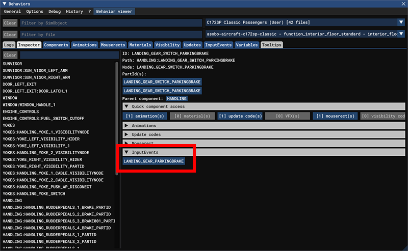 Screenshot of the behaviors dialog with the **InputEvents** section expanded and the input event highlighted with a red rectangle.