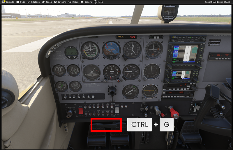 Screenshot of the aircraft with the parking brake handle highlighted in red and CTRL + G next to it.