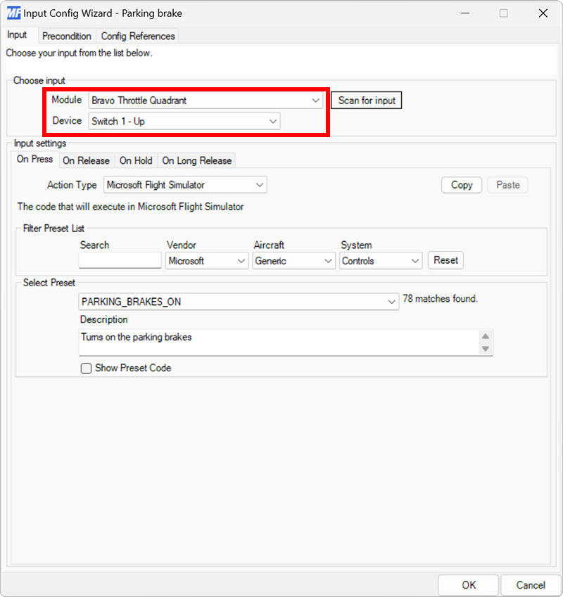 Screenshot of the input configuration dialog with a joystick and switch selected.