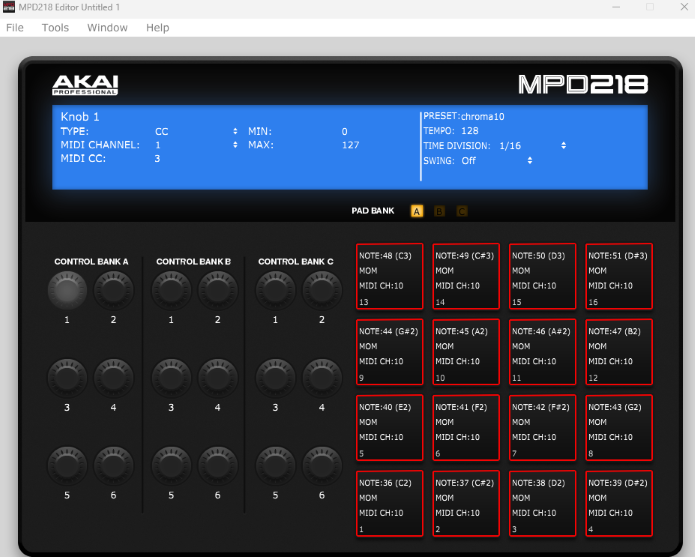 Screenshot of the MPD218 editor with the default configuration applied.